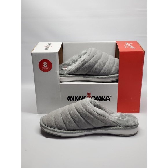 NWB Minnetonka Gray Suede Sussana Scuff Faux Shearling Slippers Sz 7 571 - Picture 1 of 5